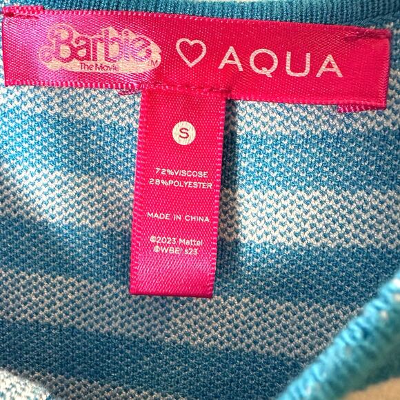 Barbie x Aqua Blue Striped Knit Mini Dress with Heart Buttons - Picture 6 of 6